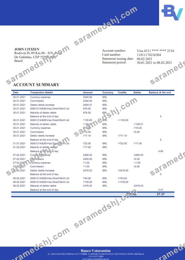 Brazil Banco Votorantim bank statement template in Word and PDF format